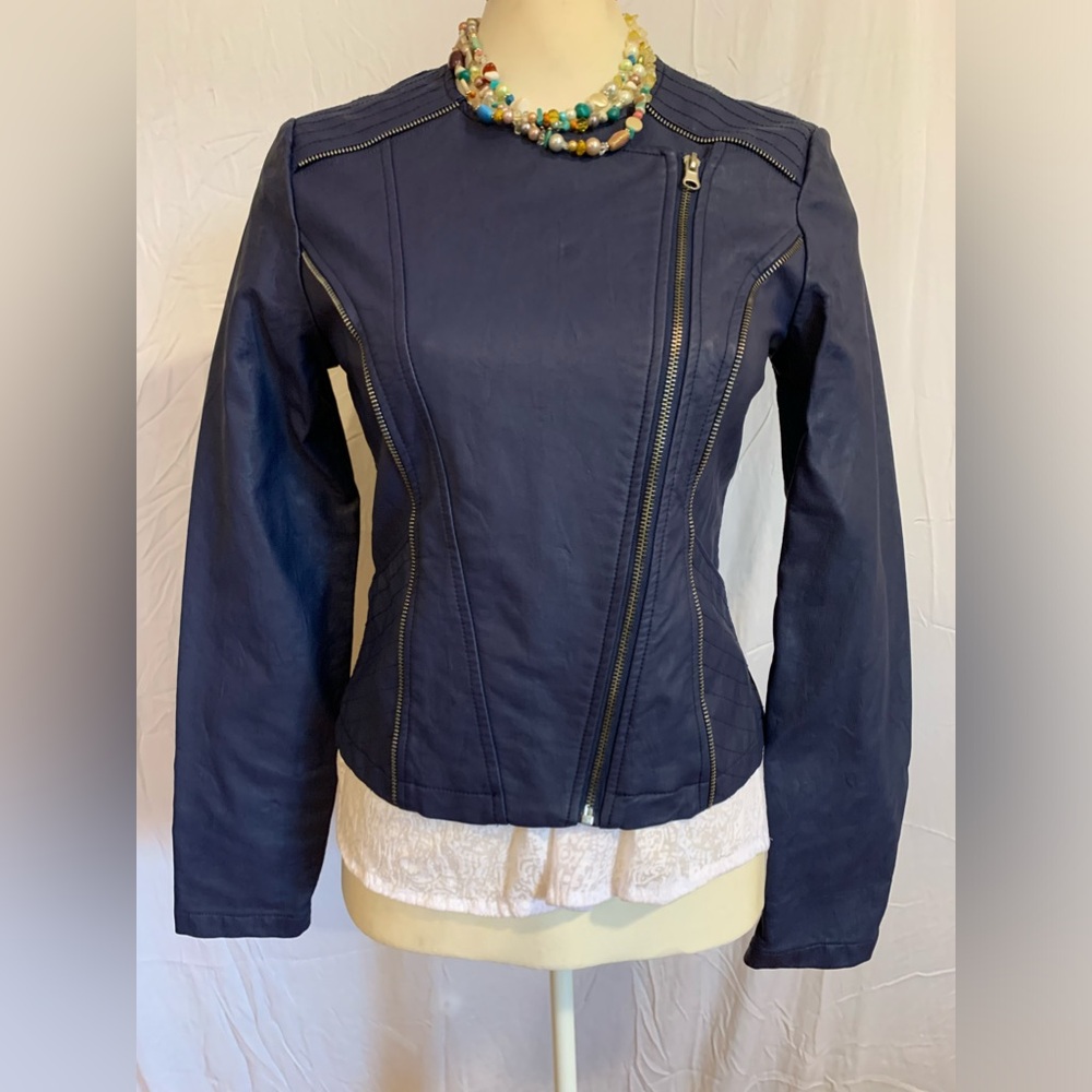 Navy faux leather and multi zips jacket